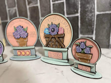 Load image into Gallery viewer, Spring Flowers Snow Globe Interchangeable File SVG, Glowforge, Watering Can, Tulip, Basket, , Flower, Tiered Tray LuckyHeartDesignsCo
