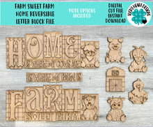 Load image into Gallery viewer, Farm Sweet Farm Home Reversible Blocks File SVG,Tiered Tray, Letters, Barn, Highland Cow, Pig, Horse Chicken, Glowforge, LuckyHeartDesignsCo