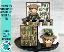 Load image into Gallery viewer, Highland Cow St Patricks Day Quick and Easy Tiered Tray File SVG, Glowforge Clover, Leprechaun, LuckyHeartDesignsCo