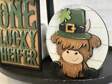 Load image into Gallery viewer, Highland Cow St Patricks Day Quick and Easy Tiered Tray File SVG, Glowforge Clover, Leprechaun, LuckyHeartDesignsCo