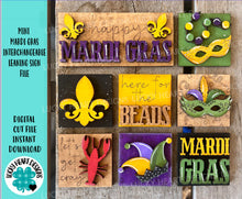 Load image into Gallery viewer, MINI Mardi Gras Interchangeable Leaning Sign File SVG, Tiered Tray Glowforge, LuckyHeartDesignsCo
