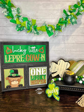 Load image into Gallery viewer, Highland Cow St. Patrick's Day Interchangeable Leaning Sign File SVG, Glowforge Tiered Tray, LuckyHeartDesignsCo