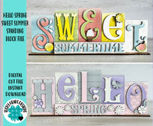 Load image into Gallery viewer, Hello Spring Sweet Summer Standing Reversible Blocks File SVG, Tiered Tray Glowforge, LuckyHeartDesignsCo