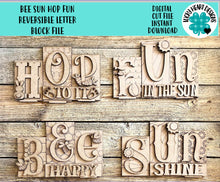 Load image into Gallery viewer, Bee Sun Hop Fun Reversible Blocks File SVG, Easter Spring Summer Tiered Tray Bunny, Flowers, Glowforge, LuckyHeartDesignsCo