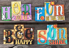 Load image into Gallery viewer, Bee Sun Hop Fun Reversible Blocks File SVG, Easter Spring Summer Tiered Tray Bunny, Flowers, Glowforge, LuckyHeartDesignsCo