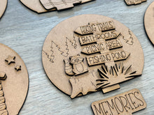 Load image into Gallery viewer, Camping Adventure Snow Globe Interchangeable File SVG, Gnome, Raccoon, Cabin, Tent, Camper, Glowforge, Tiered Tray LuckyHeartDesignsCo