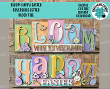 Load image into Gallery viewer, Bloom Happy Easter Reversible Blocks File SVG, Tiered Tray Spring, Bunny, Flowers, Glowforge, LuckyHeartDesignsCo