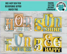Load image into Gallery viewer, Bee Sun Hop Fun Reversible Blocks File SVG, Easter Spring Summer Tiered Tray Bunny, Flowers, Glowforge, LuckyHeartDesignsCo