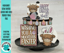 Load image into Gallery viewer, Highland Cow Easter Quick and Easy Tiered Tray File SVG, Glowforge Easter Bunny, Farm, Egg, LuckyHeartDesignsCo