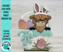Load image into Gallery viewer, Highland Cow Easter Bunny Basket File SVG, Glowforge Tiered Tray, Farm, Egg, LuckyHeartDesignsCo