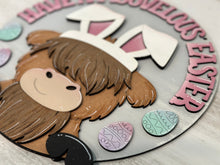 Load image into Gallery viewer, Highland Cow Easter Bunny Door Hanger File SVG, Glowforge, Farm, Sign, Egg, LuckyHeartDesignsCo