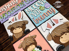 Load image into Gallery viewer, Highland Cow Easter Interchangeable Leaning Sign File SVG, Glowforge Farm, Bunny, Tiered Tray, Spring, LuckyHeartDesignsCo