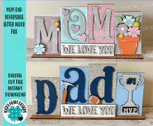 Load image into Gallery viewer, Mom Dad Reversible Blocks File SVG, Tiered Tray, Letters, Mother's Day. Father's Day, Scrabble, Family, Glowforge, LuckyHeartDesignsCo