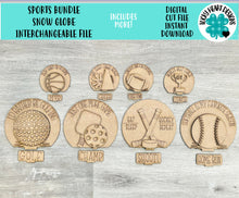 Load image into Gallery viewer, Sports Bundle Snow Globe Interchangeable File SVG, Soccr, Football, Baseball, Golf, Picklball, Glowforge, Tiered Tray LuckyHeartDesignsCo