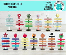 Load image into Gallery viewer, Tiered Tray Street Sign File SVG, Glowforge Summer, Winter, Seasonal, Holiday, Christmas, Easter, Fall, Halloween, LuckyHeartDesignsCo