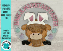 Load image into Gallery viewer, Highland Cow Easter Bunny Door Hanger File SVG, Glowforge, Farm, Sign, Egg, LuckyHeartDesignsCo