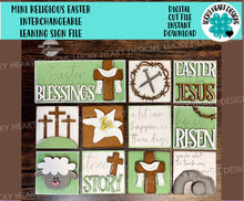 Load image into Gallery viewer, MINI Religious Easter Interchangeable Leaning Sign File SVG, Jesus, Tomb, Bunny, Lamb, Tiered Tray Glowforge, LuckyHeartDesignsCo