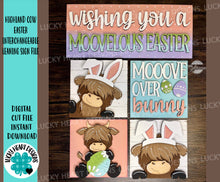 Load image into Gallery viewer, Highland Cow Easter Interchangeable Leaning Sign File SVG, Glowforge Farm, Bunny, Tiered Tray, Spring, LuckyHeartDesignsCo