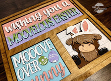 Load image into Gallery viewer, Highland Cow Easter Interchangeable Leaning Sign File SVG, Glowforge Farm, Bunny, Tiered Tray, Spring, LuckyHeartDesignsCo