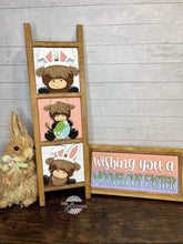 Load image into Gallery viewer, Highland Cow Easter Interchangeable Leaning Sign File SVG, Glowforge Farm, Bunny, Tiered Tray, Spring, LuckyHeartDesignsCo