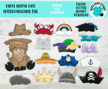Load image into Gallery viewer, Party Animal Hats Interchangeable Extras MINI File SVG, Graduation, Seasonal sign, Holiday, Farm Tiered Tray Glowforge, LuckyHeartDesignsCo
