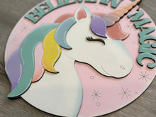 Load image into Gallery viewer, Believe in Magic Unicorn Door Hanger Sign File SVG, Spring Flower, Horse, Floral, Girls, Glowforge, LuckyHeartDesignsCo