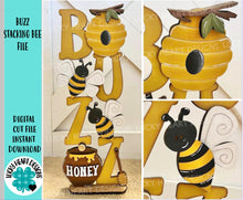Load image into Gallery viewer, Buzz Stacking Bee File SVG, tiered tray Glowforge, Beehive, Honey Pot, Bumble, LuckyHeartDesignsCo
