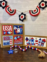 Load image into Gallery viewer, Fireworks Interchangeable Leaning Sign File SVG, Fourth of July, Americaa, USA, Glowforge, LuckyHeartDesignsCo