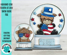 Load image into Gallery viewer, Highland Cow Fourth of July Snow Globe Interchangeable File SVG, Glowforge, Summer, America, Farm, USA, Tiered Tray LuckyHeartDesignsCo