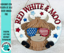 Load image into Gallery viewer, Highland Cow Fourth of July Door Hanger File SVG, America, Farm, USA Glowforge, LuckyHeartDesignsCo