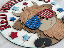 Load image into Gallery viewer, Highland Cow Fourth of July Door Hanger File SVG, America, Farm, USA Glowforge, LuckyHeartDesignsCo