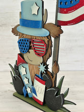 Load image into Gallery viewer, Standing Highland Cow Fourth of July File SVG, Glowforge, Summer, America, Farm, USA, Tiered Tray LuckyHeartDesignsCo