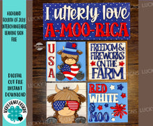 Load image into Gallery viewer, Highland Fourth of July Interchangeable Leaning Sign File SVG, Fourth of July, Farm, America, USA, Glowforge, LuckyHeartDesignsCo