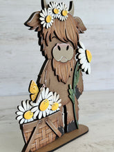 Load image into Gallery viewer, Standing Highland Cow Spring Daisy File SVG, Glowforge, Flower, Farm, Tiered Tray LuckyHeartDesignsCo
