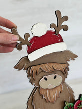 Load image into Gallery viewer, Standing Highland Cow Animal Hats Interchangeable TINY Flower Basket File SVG, Leaning sign, Holiday, Glowforge, LuckyHeartDesignsCo
