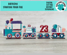 Load image into Gallery viewer, Birthday Standing Train File SVG, Balloons, Cake, Cupcake, Candles, Celebrate, Tiered Tray Glowforge, LuckyHeartDesignsCo