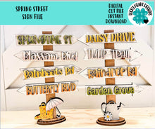 Load image into Gallery viewer, Spring Street Sign File SVG, Flowers, Watering can, Umbrella, Rain Boots, Glowforge, LuckyHeartDesignsCo