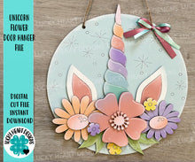 Load image into Gallery viewer, Unicorn Flower Door Hanger Sign File SVG, Spring Flower, Horse, Floral, Girls, Glowforge, LuckyHeartDesignsCo