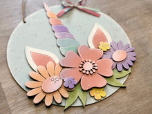 Load image into Gallery viewer, Unicorn Flower Door Hanger Sign File SVG, Spring Flower, Horse, Floral, Girls, Glowforge, LuckyHeartDesignsCo