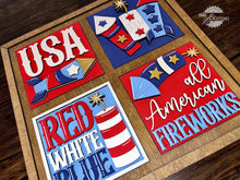 Load image into Gallery viewer, Fireworks Interchangeable Leaning Sign File SVG, Fourth of July, Americaa, USA, Glowforge, LuckyHeartDesignsCo