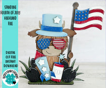Load image into Gallery viewer, Standing Highland Cow Fourth of July File SVG, Glowforge, Summer, America, Farm, USA, Tiered Tray LuckyHeartDesignsCo