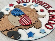 Load image into Gallery viewer, Highland Cow Fourth of July Door Hanger File SVG, America, Farm, USA Glowforge, LuckyHeartDesignsCo