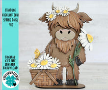 Load image into Gallery viewer, Standing Highland Cow Spring Daisy File SVG, Glowforge, Flower, Farm, Tiered Tray LuckyHeartDesignsCo