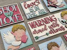 Load image into Gallery viewer, Cupid Valentine's Day Interchangeable Leaning Sign File SVG, Glowforge Tiered Tray, Love, Arrow, Heart, Cute, LuckyHeartDesignsCo
