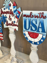 Load image into Gallery viewer, July Fourth Pedestal Spindle Slide On Seasonal Set Interchangeable File SVG, America, USA, Fireworks, Glowforge, LuckyHeartDesignsCo
