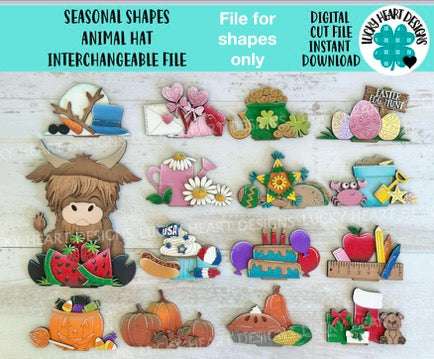 Seasonal Shapes Animal Hats Interchangeable File SVG, add on, Holiday, Christmas, Halloween, Fall Tiered Tray Glowforge, LuckyHeartDesignsCo