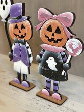 Load image into Gallery viewer, Pumpkin Head Boy and Girl Standing File SVG, Glowforge Fall, Ghost, Candy Halloween, Jack-O-Lantern, Decor, Tiered Tray, LuckyHeartDesignsCo
