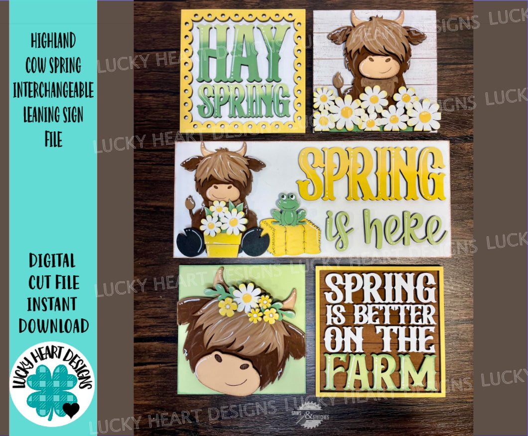 Highland Cow Spring Farm Interchangeable Leaning Sign File SVG, Glowforge Farm, Flower, Frog, Tiered Tray, Spring, LuckyHeartDesignsCo