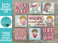 Load image into Gallery viewer, Cupid Valentine's Day Interchangeable Leaning Sign File SVG, Glowforge Tiered Tray, Love, Arrow, Heart, Cute, LuckyHeartDesignsCo
