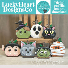 Load image into Gallery viewer, Halloween Faces Pumpkin Standing File SVG, Jack-o-lantern, Mummy, Werewolf, Frank, Ghost, Witch, Tiered Tray Glowforge, LuckyHeartDesignsCo
